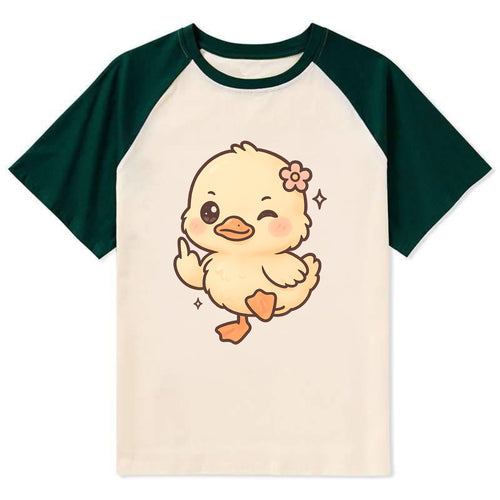 fluffy baby duck with small flower, one webbed foot raised sassily - Contrast Raglan T-shirt