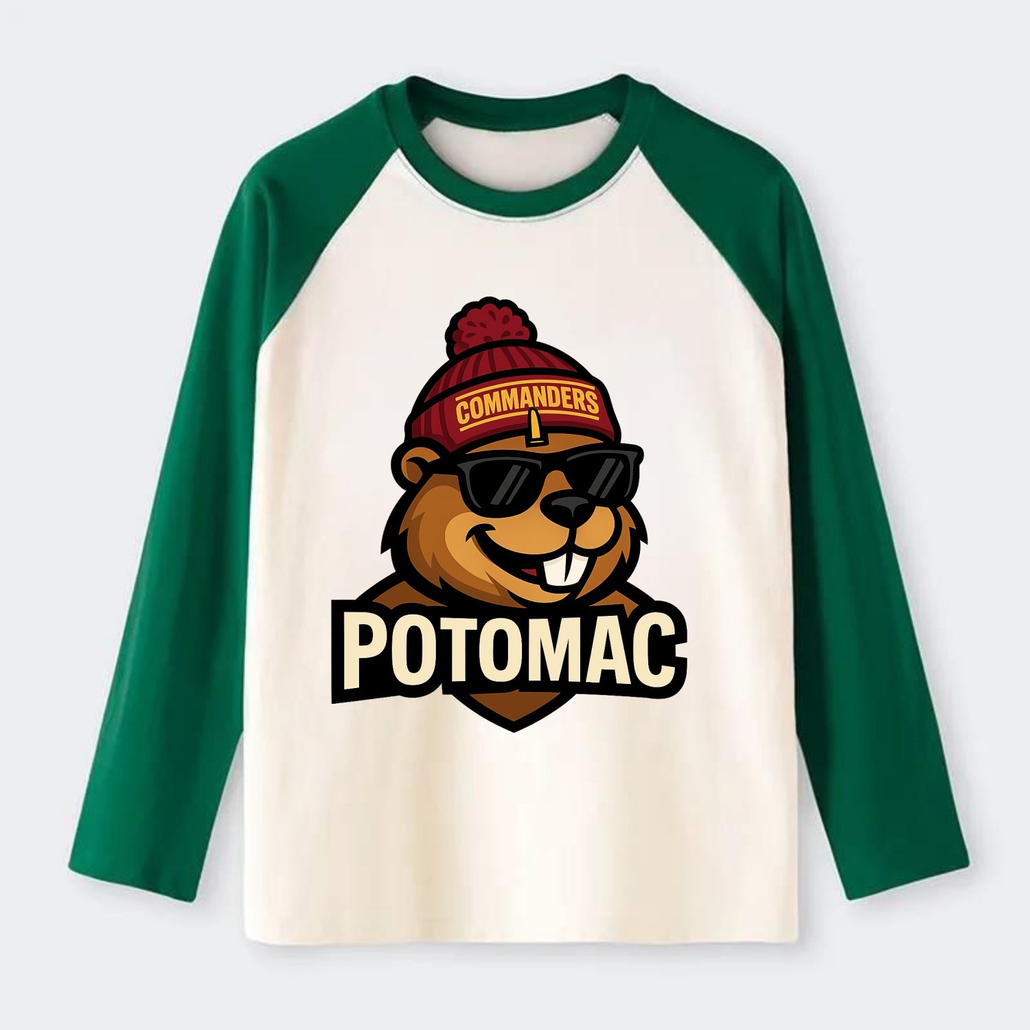 Potomac Beaver wearing Commanders beanie with monument patch and - Raglan Long Sleeve T-Shirt - Green