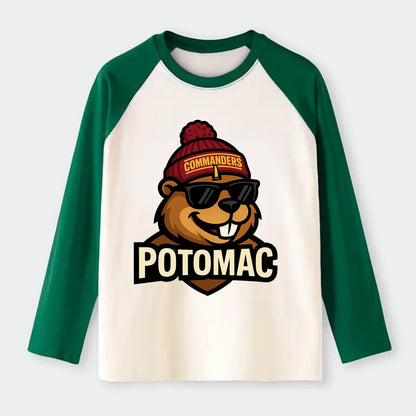 Potomac Beaver wearing Commanders beanie with monument patch and - Raglan Long Sleeve T-Shirt - Green