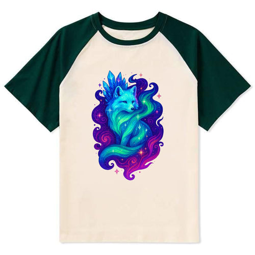 Ethereal arctic fox with fur that transforms into crystal formations, - Contrast Raglan T-shirt