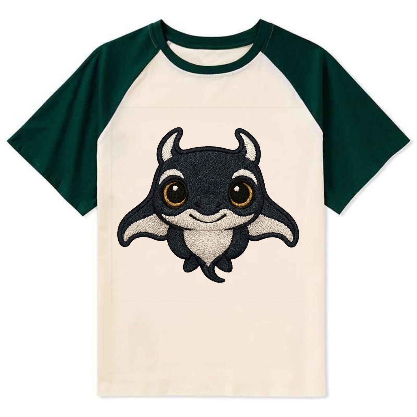 Baby Manta Ray - dark with white markings, cephalic fins, gentle eyes, - Contrast Raglan T-shirt - Green