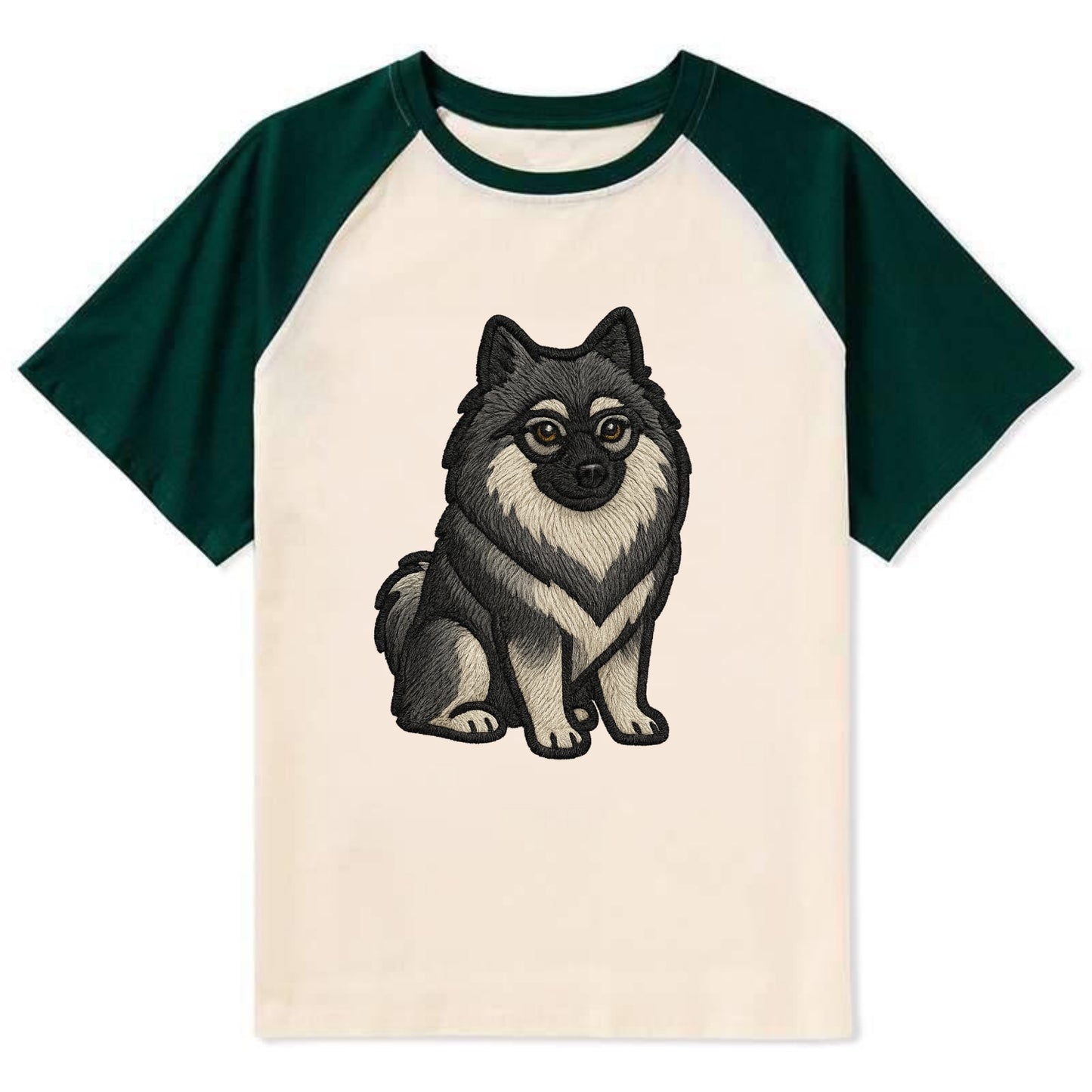 Keeshond - Gray and black spectacles embroidered design - Contrast Raglan T-shirt - Green