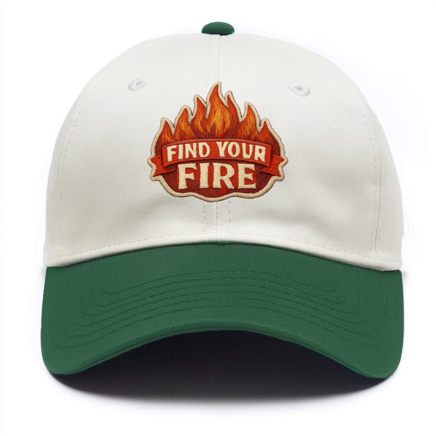 FIND YOUR FIRE - flames with text in orange , passion - Two Tone Cap - Green