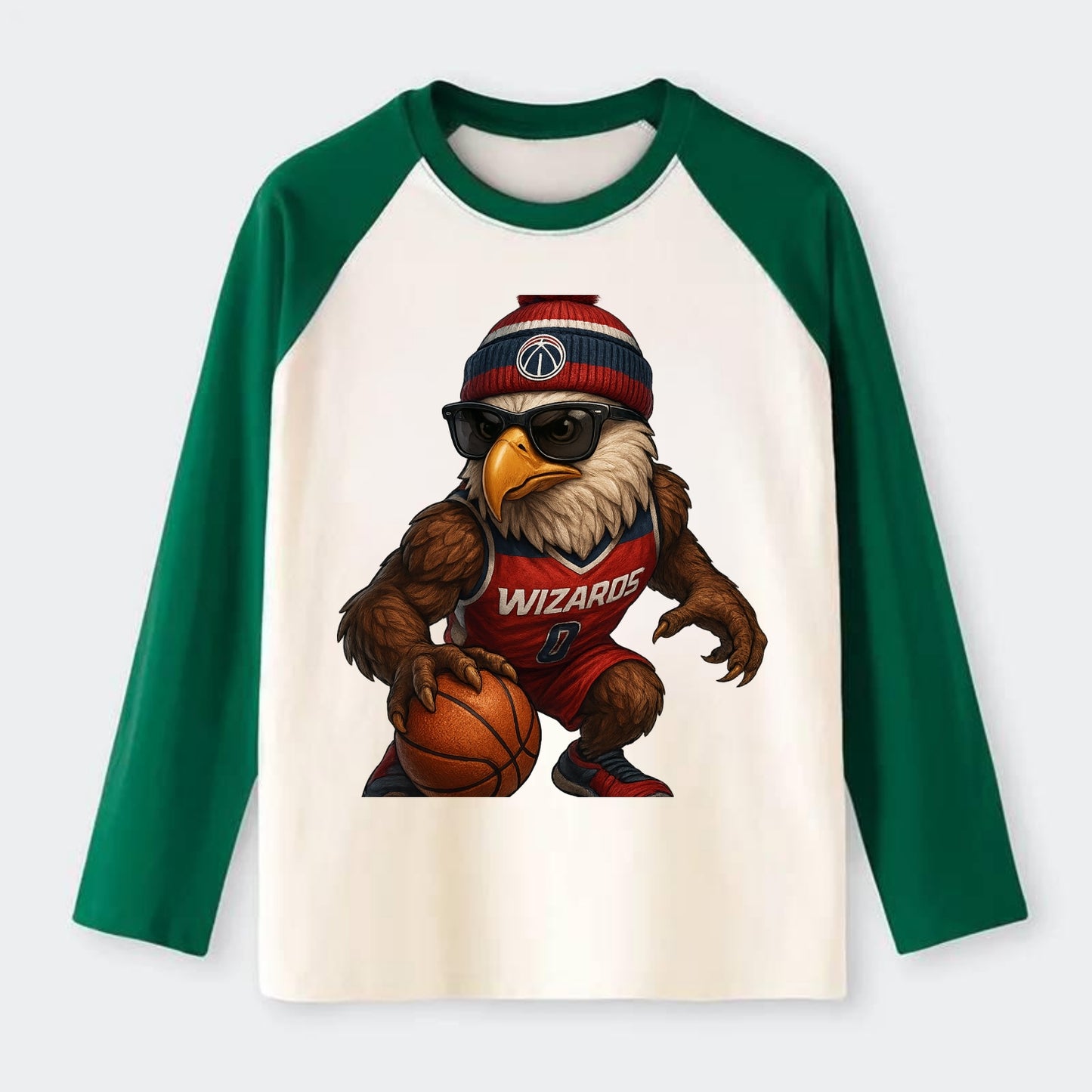 DC Eagle wearing Wizards red white and blue beanie with monument patch - Raglan Long Sleeve T-Shirt - Green