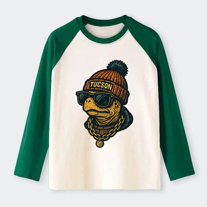 Tucson Desert Tortoise wearing Tucson beanie with pom pom and wayfarer - Raglan Long Sleeve T-Shirt - Green