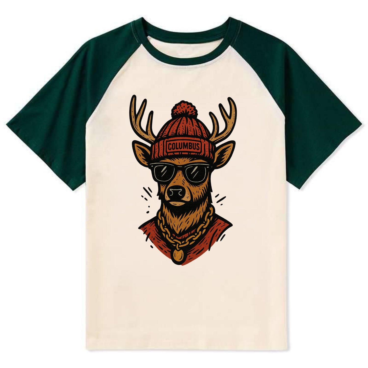 Columbus White-tailed Deer wearing Columbus beanie with pom pom and - Contrast Raglan T-shirt - Green