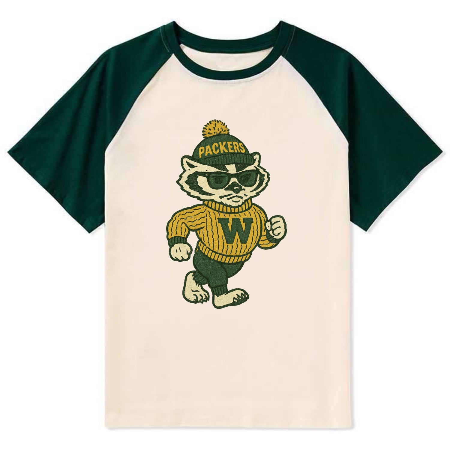 Wisconsin Badger wearing Packers green and gold beanie with pom pom and - Contrast Raglan T-shirt - Green