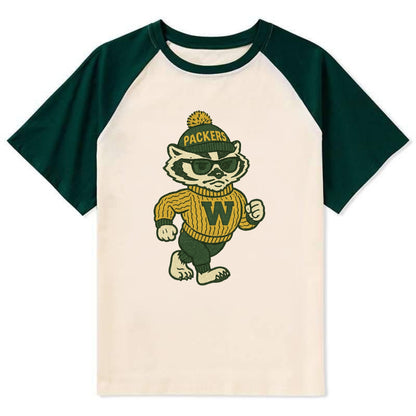Wisconsin Badger wearing Packers green and gold beanie with pom pom and - Contrast Raglan T-shirt - Green