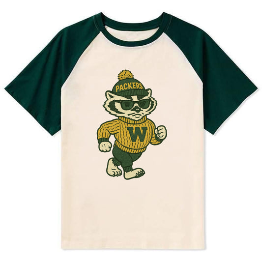 Wisconsin Badger wearing Packers green and gold beanie with pom pom and - Contrast Raglan T-shirt - Green