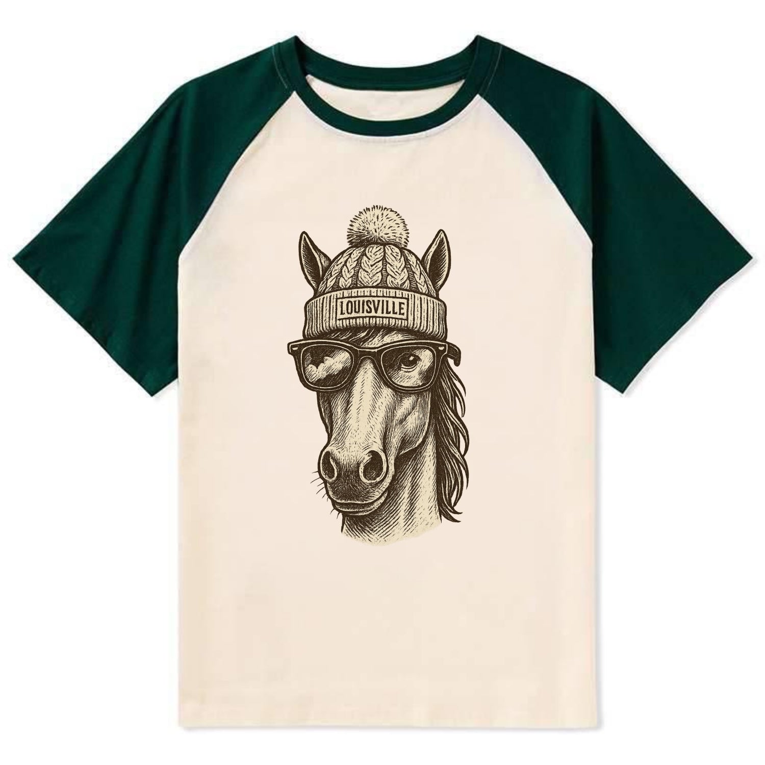 Kentucky Thoroughbred Horse wearing Louisville beanie with pom pom and - Contrast Raglan T-shirt - Green