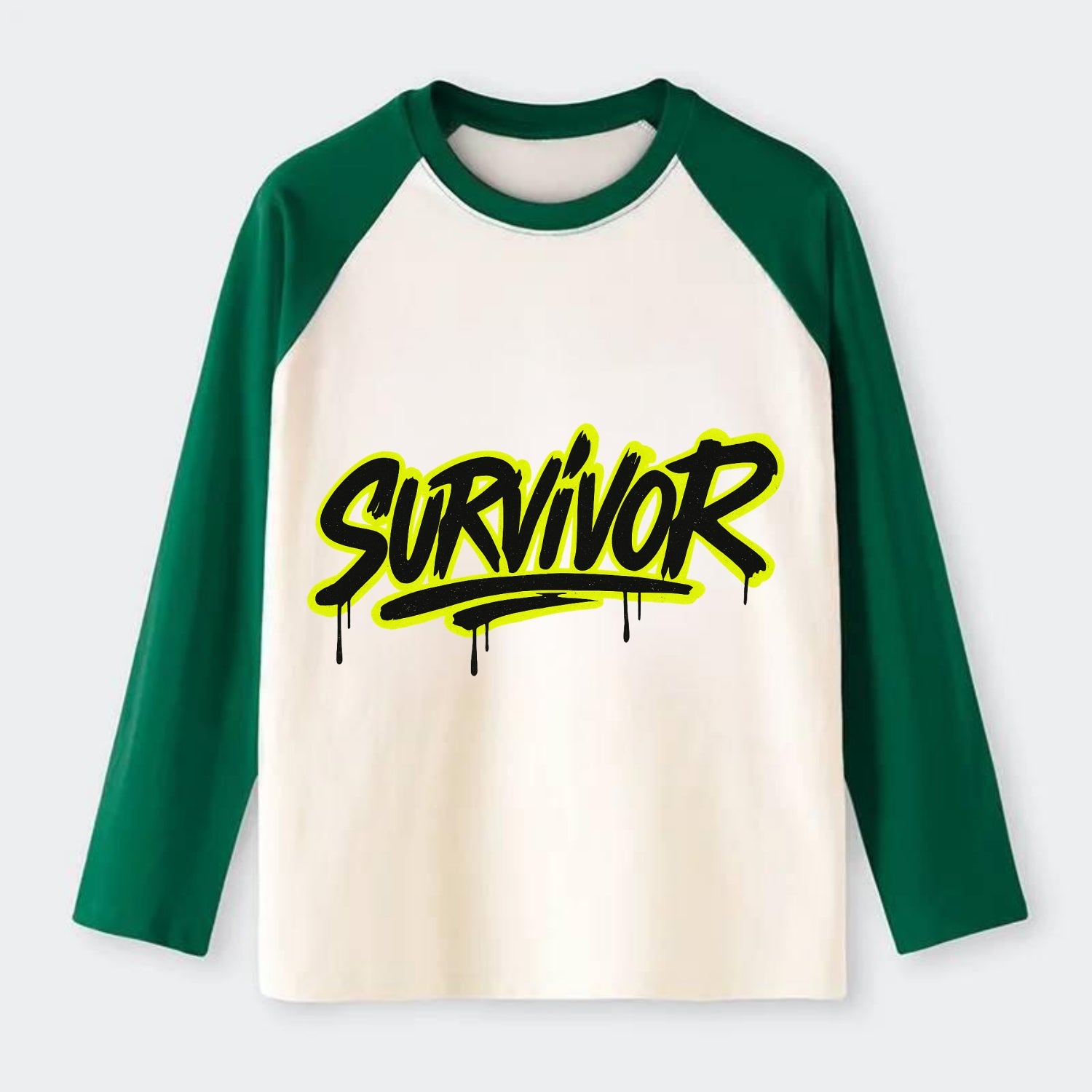 Bold typography design - "SURVIVOR" - overcomer, still standing, made - Raglan Long Sleeve T-Shirt - Green