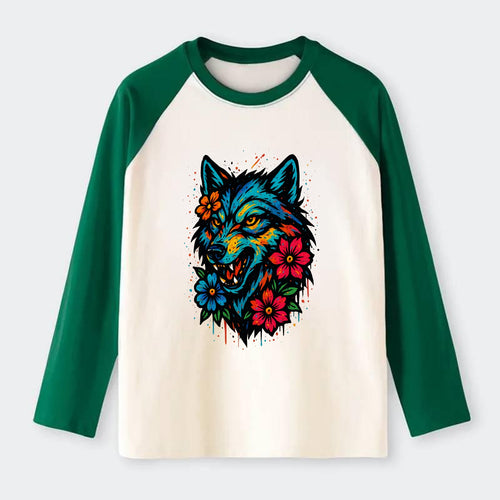 Floral Wolf Garden  - Raglan Long Sleeve T-Shirt
