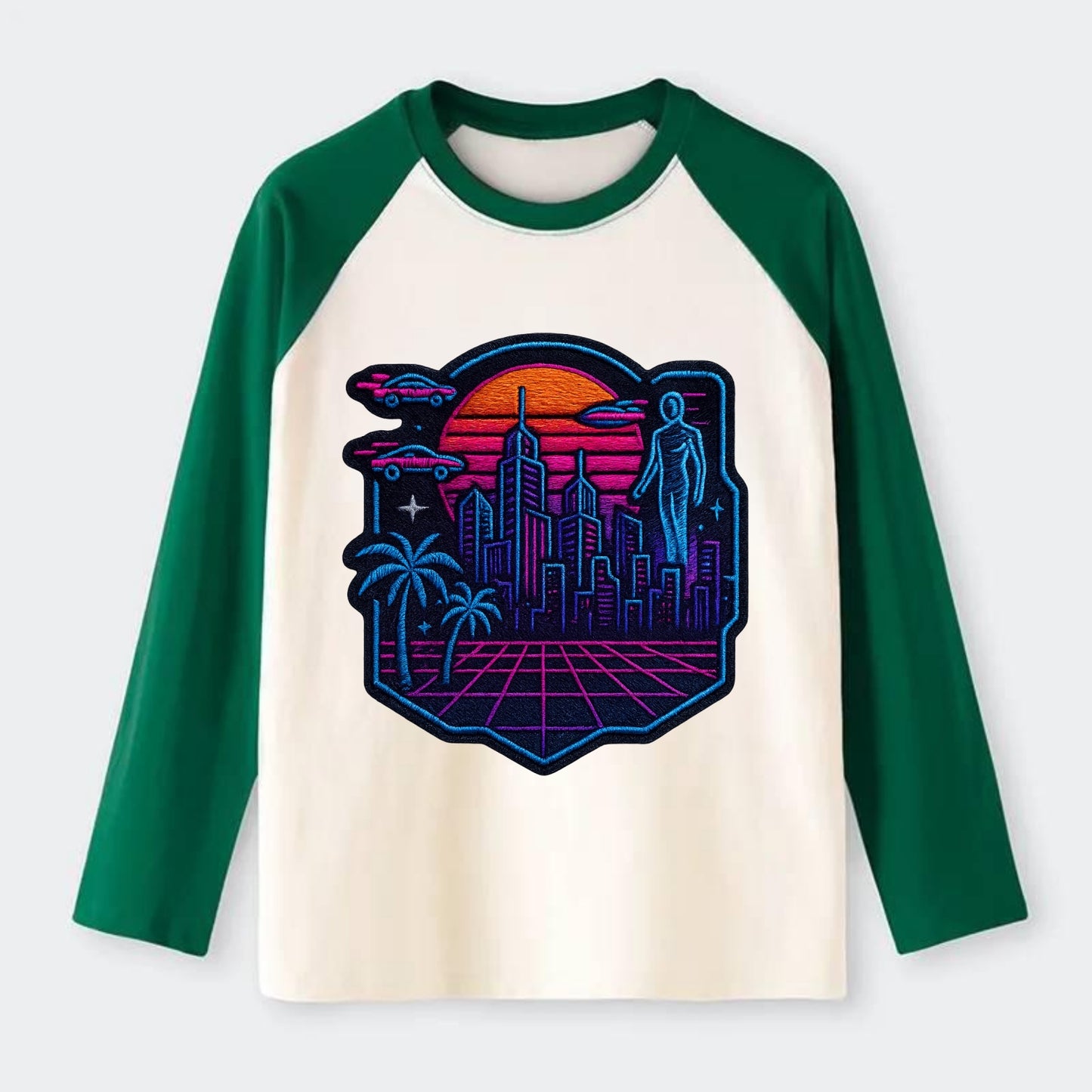 Cyberpunk City - Raglan Long Sleeve T-Shirt - Green