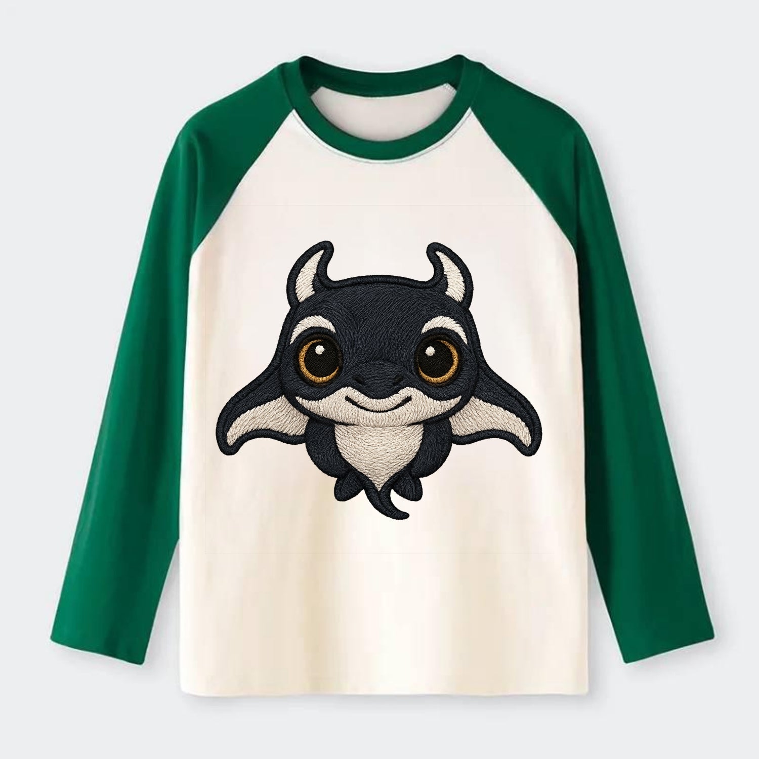 Baby Manta Ray - dark with white markings, cephalic fins, gentle eyes, - Raglan Long Sleeve T-Shirt - Green