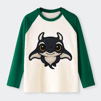 Baby Manta Ray - dark with white markings, cephalic fins, gentle eyes, - Raglan Long Sleeve T-Shirt - Green
