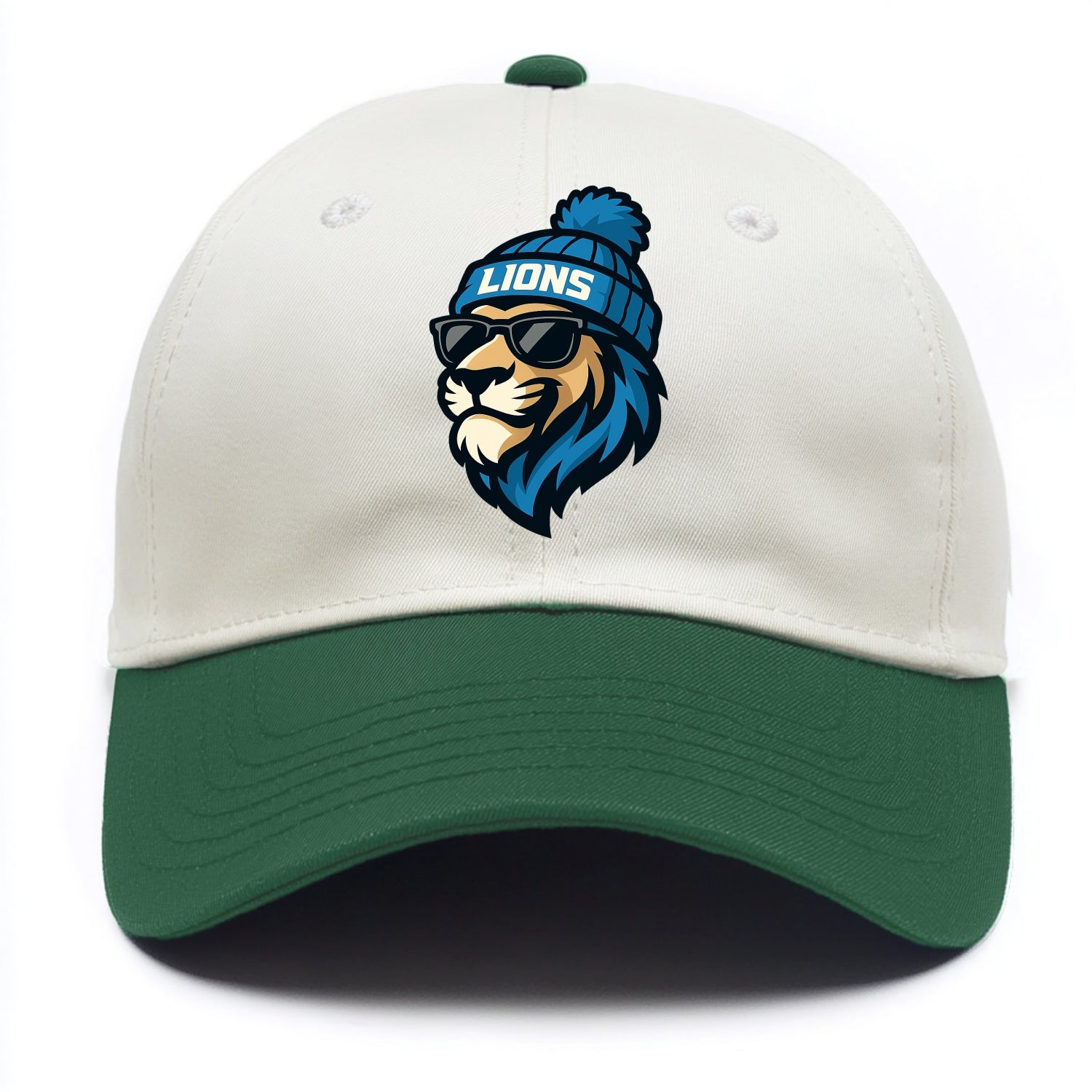 Detroit Lion wearing Lions Honolulu blue and silver beanie with pom pom and wayfarer - Two Tone Cap - Green