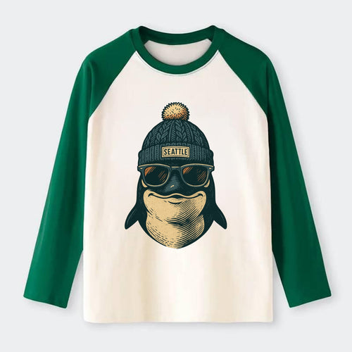 Washington Orca wearing Seattle beanie with pom pom and wayfarer - Raglan Long Sleeve T-Shirt