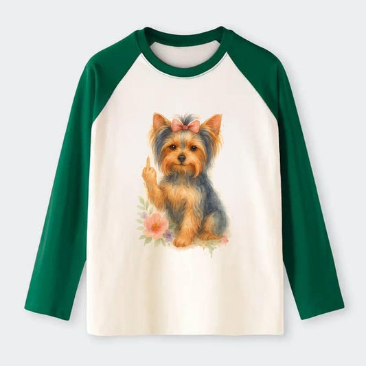 Yorkshire Terrier with topknot bow, one delicate paw flipping off - Raglan Long Sleeve T-Shirt - Green