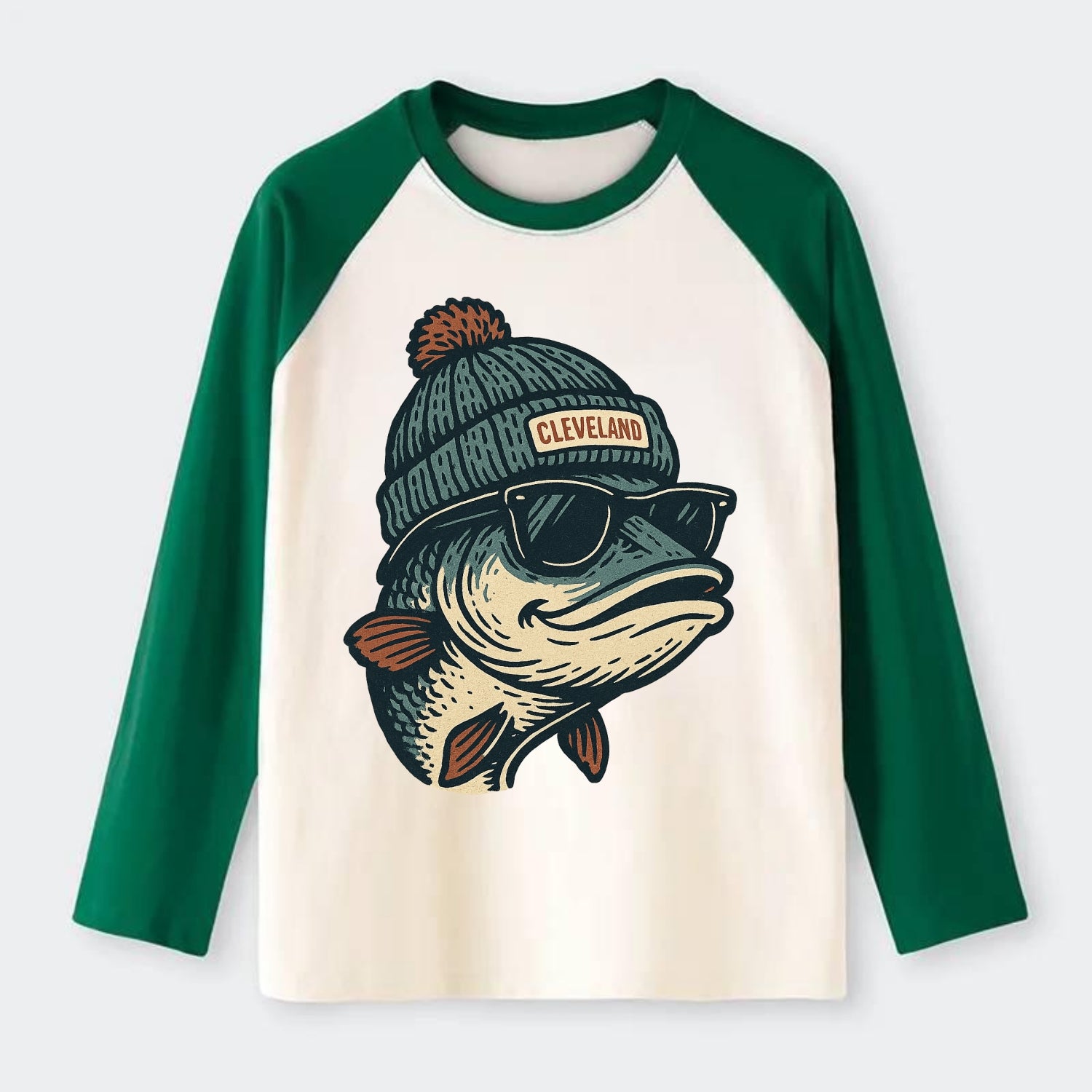 Cleveland Lake Erie Walleye wearing Cleveland beanie with pom pom and - Raglan Long Sleeve T-Shirt - Green