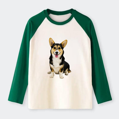 Tricolor Corgi - Raglan Long Sleeve T-Shirt - Green