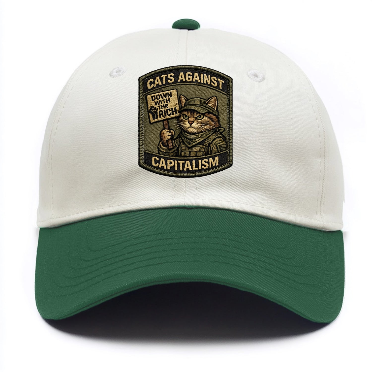 CATS AGAINST CAPITALISM - cat with protest sign in red , political cat - Two Tone Cap - Green