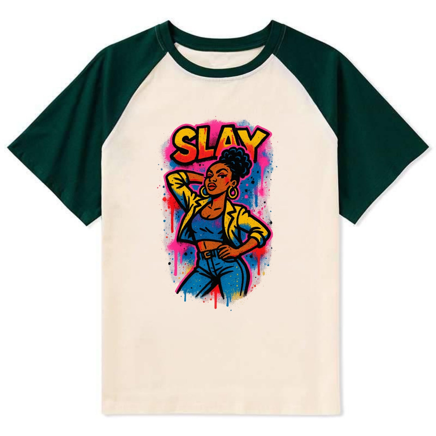 Empowered figure striking confident pose - "slay" culture, fierce and - Contrast Raglan T-shirt - Green