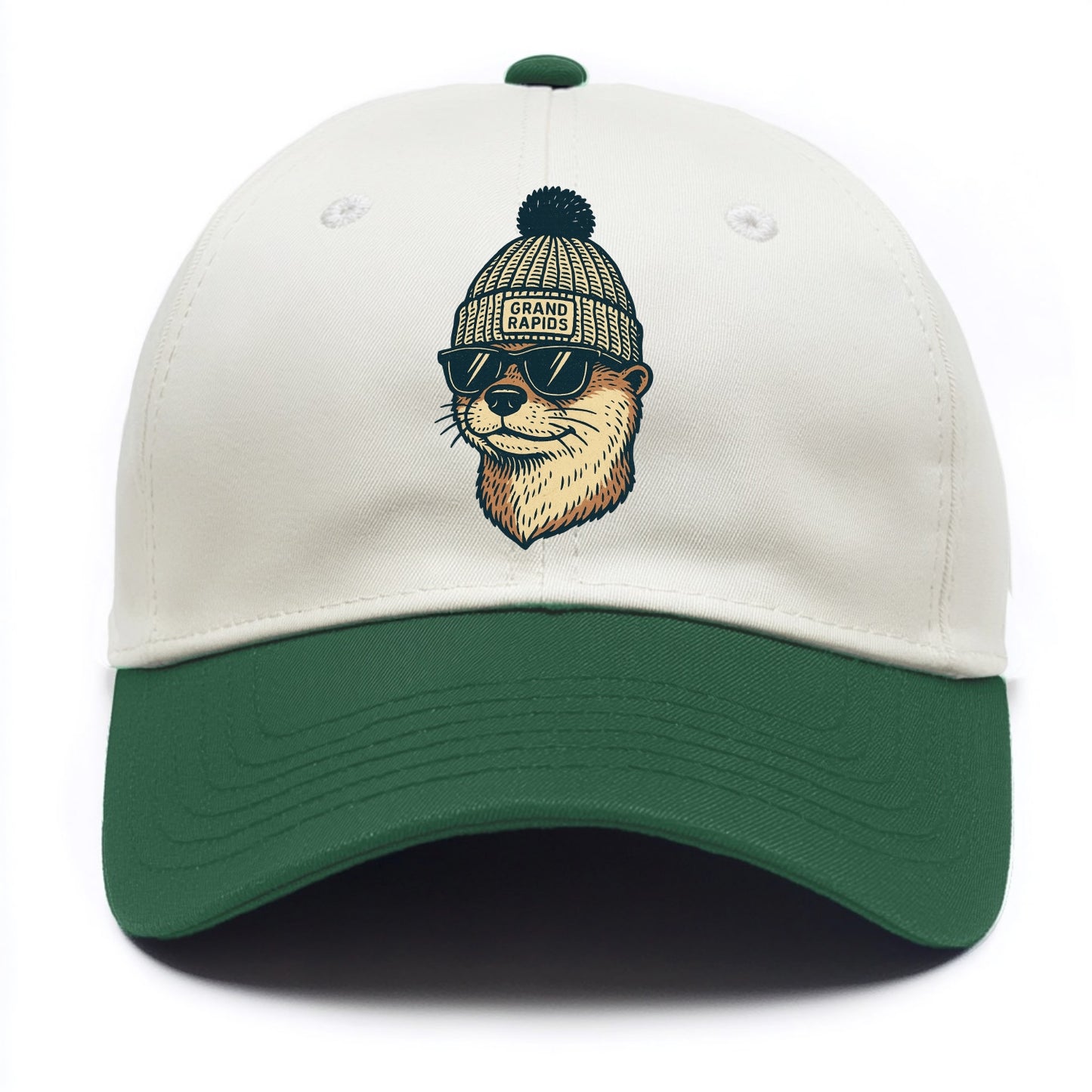 Grand Rapids River Otter wearing Grand Rapids beanie with pom pom and wayfarer - Two Tone Cap - Green