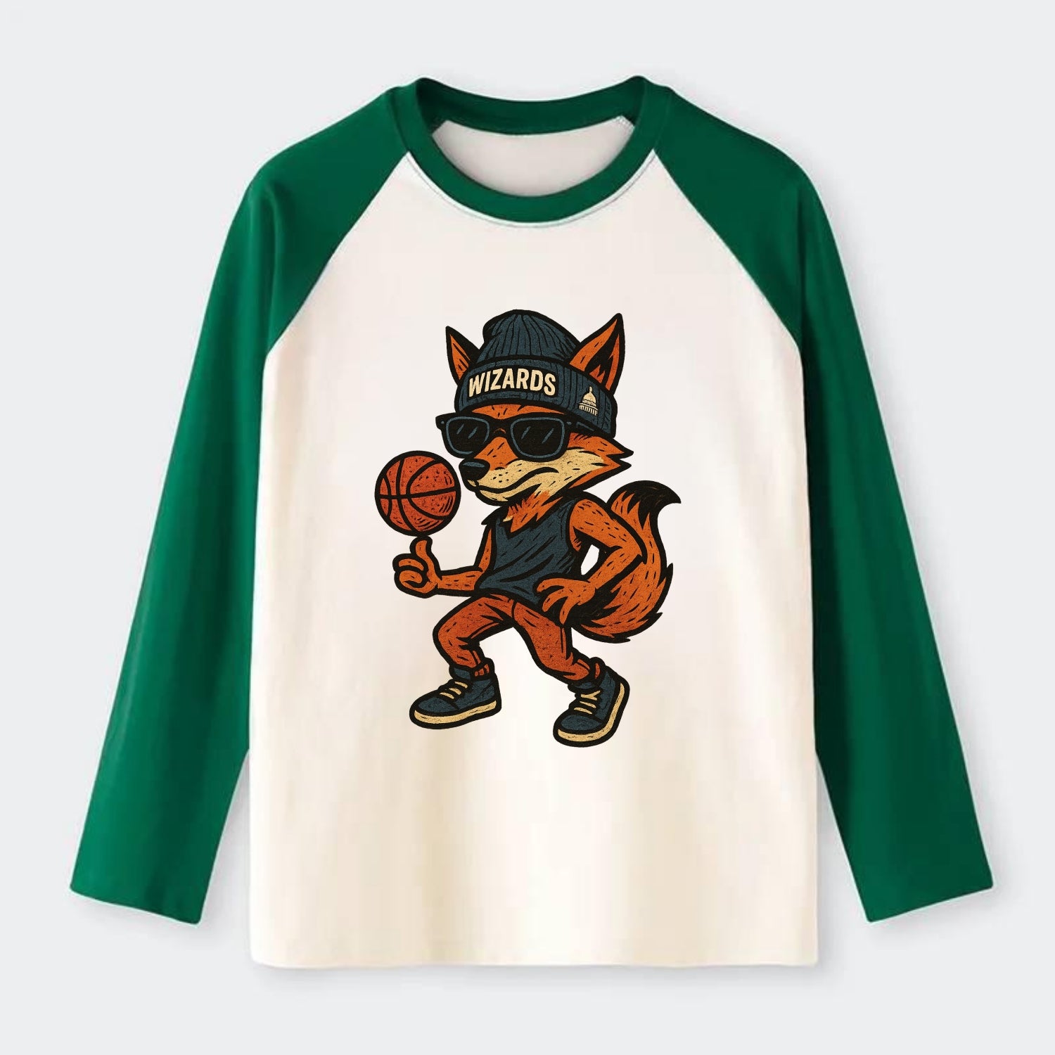 Washington Fox wearing Wizards beanie with capitol patch and wayfarer - Raglan Long Sleeve T-Shirt - Green