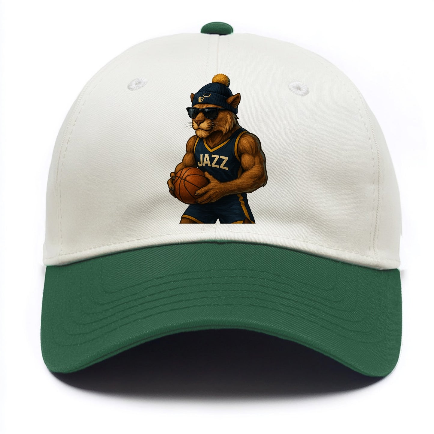 Utah Mountain Lion wearing Jazz navy and yellow beanie with music note and wayfarer - Two Tone Cap - Green