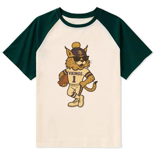 Minneapolis Lynx wearing Vikings beanie with Norse patch and wayfarer - Contrast Raglan T-shirt - Green