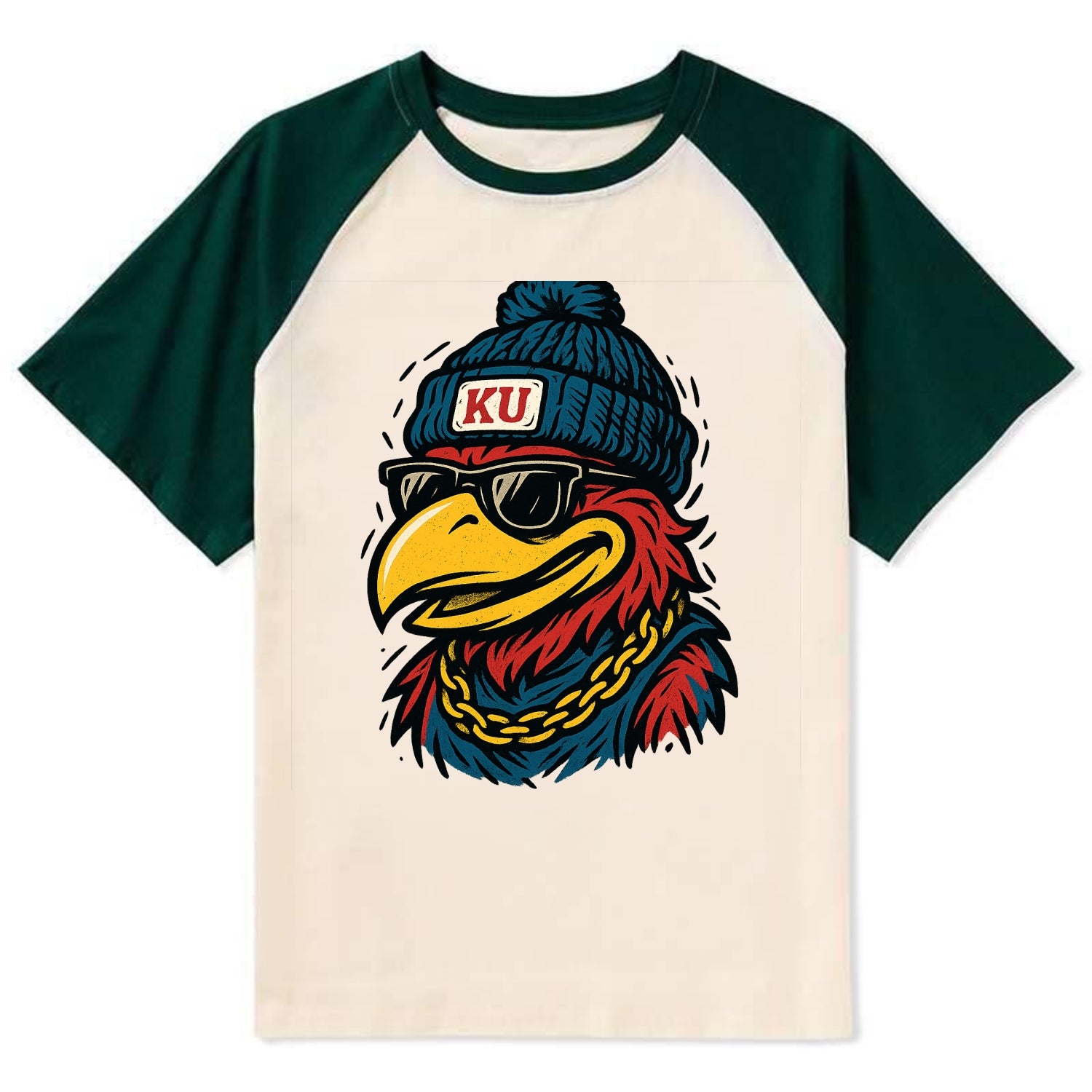Lawrence Jayhawk wearing Kansas beanie with KU patch - Contrast Raglan T-shirt - Green