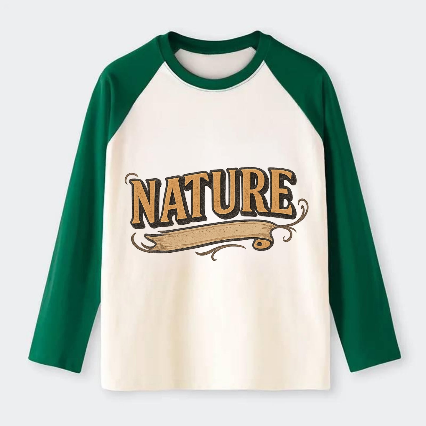 Bold typography design - "NATURE" - natural world, organic - Raglan Long Sleeve T-Shirt - Green