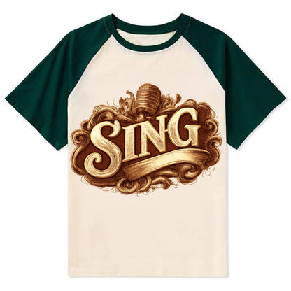 Bold typography design - "SING" - vocal expression, musical soul - Contrast Raglan T-shirt - Green