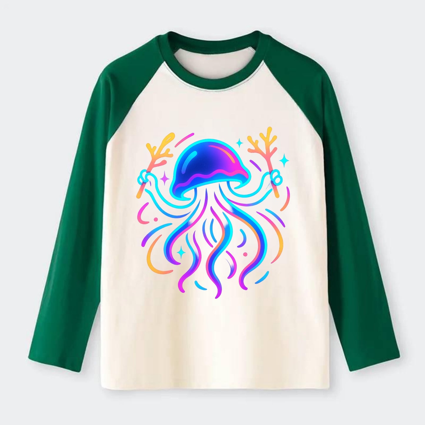 Jellyfish conducting a glow orchestra using coral batons in deep ocean - Raglan Long Sleeve T-Shirt - Green