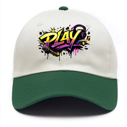 Bold typography design - "PLAY" - creative expression, musical performance - Two Tone Cap - Green