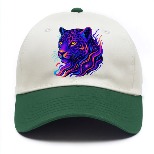 Powerful jaguar with rosettes containing miniature galaxies, cosmic purple and - Two Tone Cap - Green