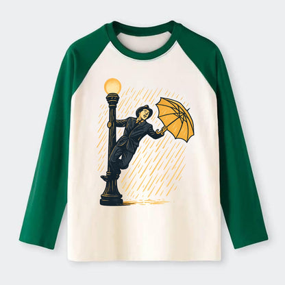 joyful dancing on lamppost in heavy rain with big smile - Raglan Long Sleeve T-Shirt - Green