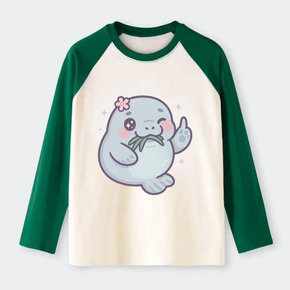 chubby manatee munching on seagrass, one flipper raised with sass - Raglan Long Sleeve T-Shirt - Green