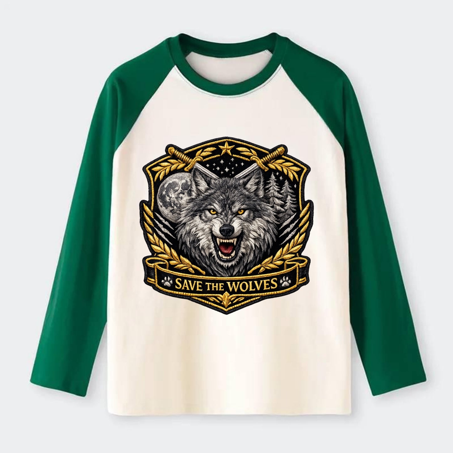 SAVE THE WOLVES - wolf moon in gray , predator protection - Raglan Long Sleeve T-Shirt - Green