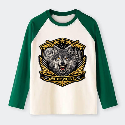 SAVE THE WOLVES - wolf moon in gray , predator protection - Raglan Long Sleeve T-Shirt - Green