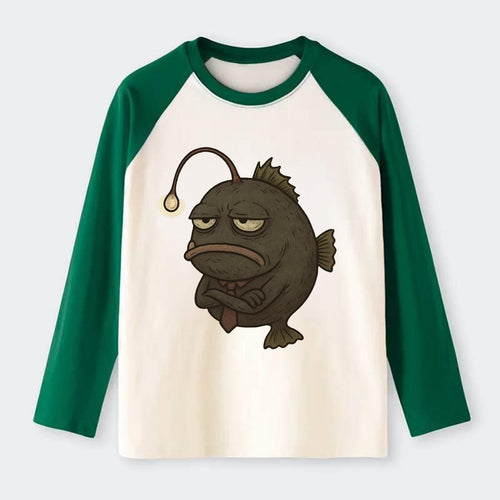THE ANGLERFISH LURES DISAPPOINTMENT | Dark gray anglerfish with dim - Raglan Long Sleeve T-Shirt