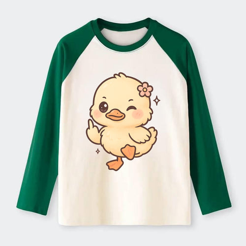 fluffy baby duck with small flower, one webbed foot raised sassily - Raglan Long Sleeve T-Shirt