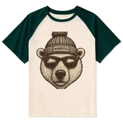 Winnipeg Polar Bear wearing Winnipeg beanie with pom pom and wayfarer - Contrast Raglan T-shirt - Green