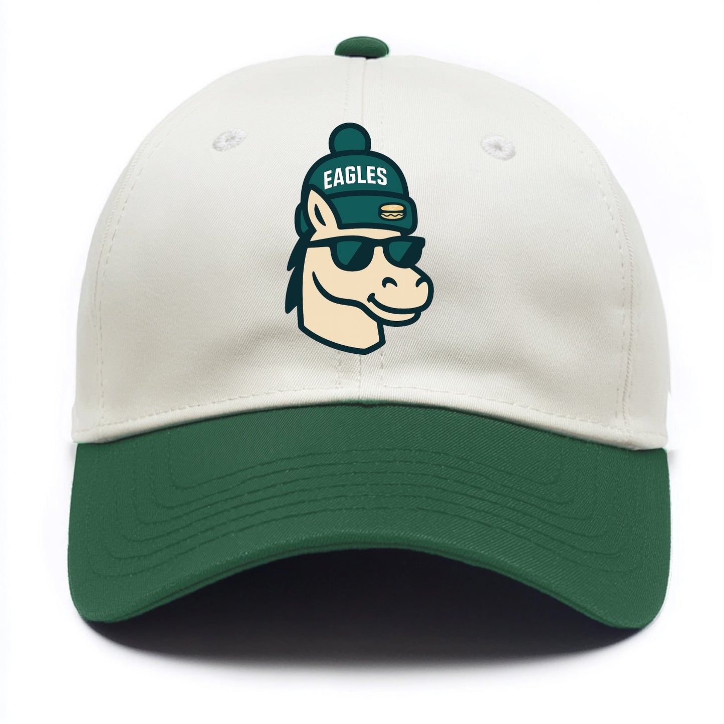 Philadelphia Horse wearing Eagles beanie with cheesesteak patch and wayfarer - Two Tone Cap - Green