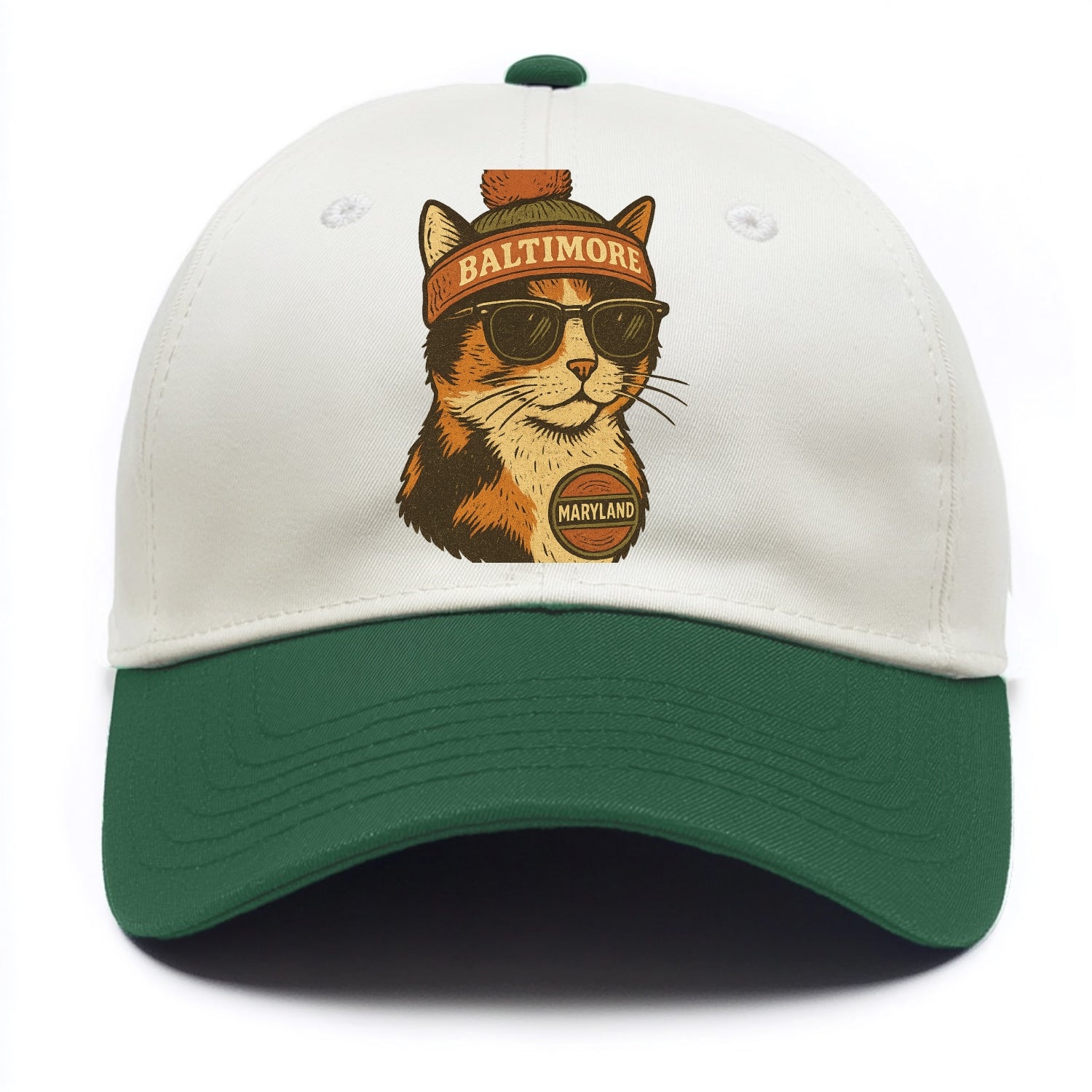 Maryland Calico Cat wearing Baltimore beanie with pom pom and wayfarer sunglasses - Two Tone Cap - Green