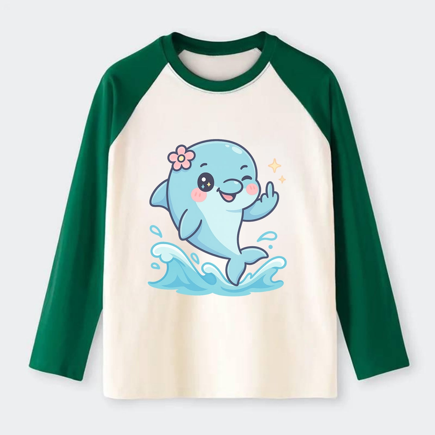 smiling dolphin jumping through ocean waves, one fin up with attitude - Raglan Long Sleeve T-Shirt - Green