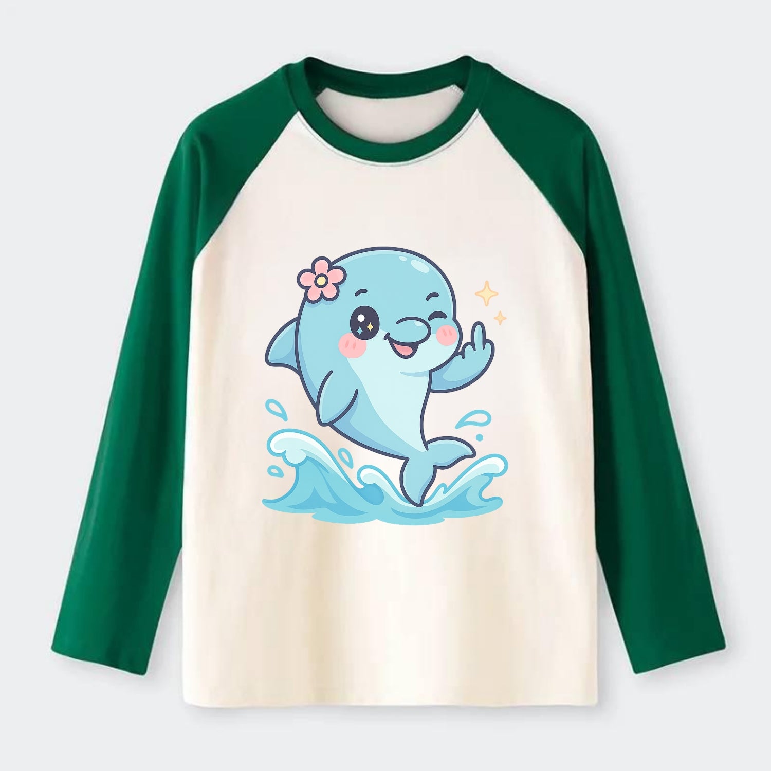smiling dolphin jumping through ocean waves, one fin up with attitude - Raglan Long Sleeve T-Shirt - Green