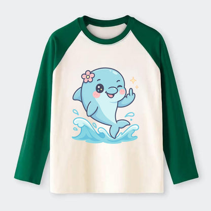 smiling dolphin jumping through ocean waves, one fin up with attitude - Raglan Long Sleeve T-Shirt - Green