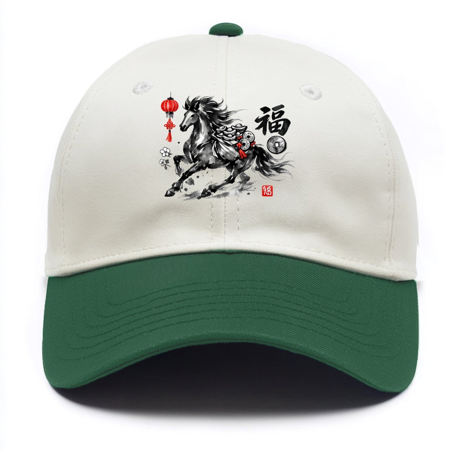 PROSPERITY HORSE | Horse carrying gold ingots and coins | Chinese knot decorations | - Two Tone Cap - Green