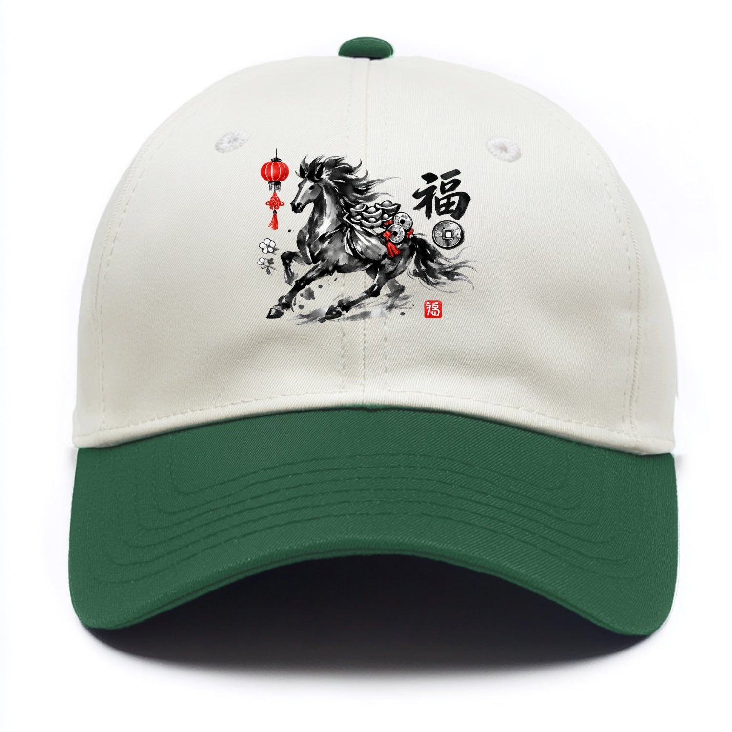 PROSPERITY HORSE | Horse carrying gold ingots and coins | Chinese knot decorations | - Two Tone Cap - Green
